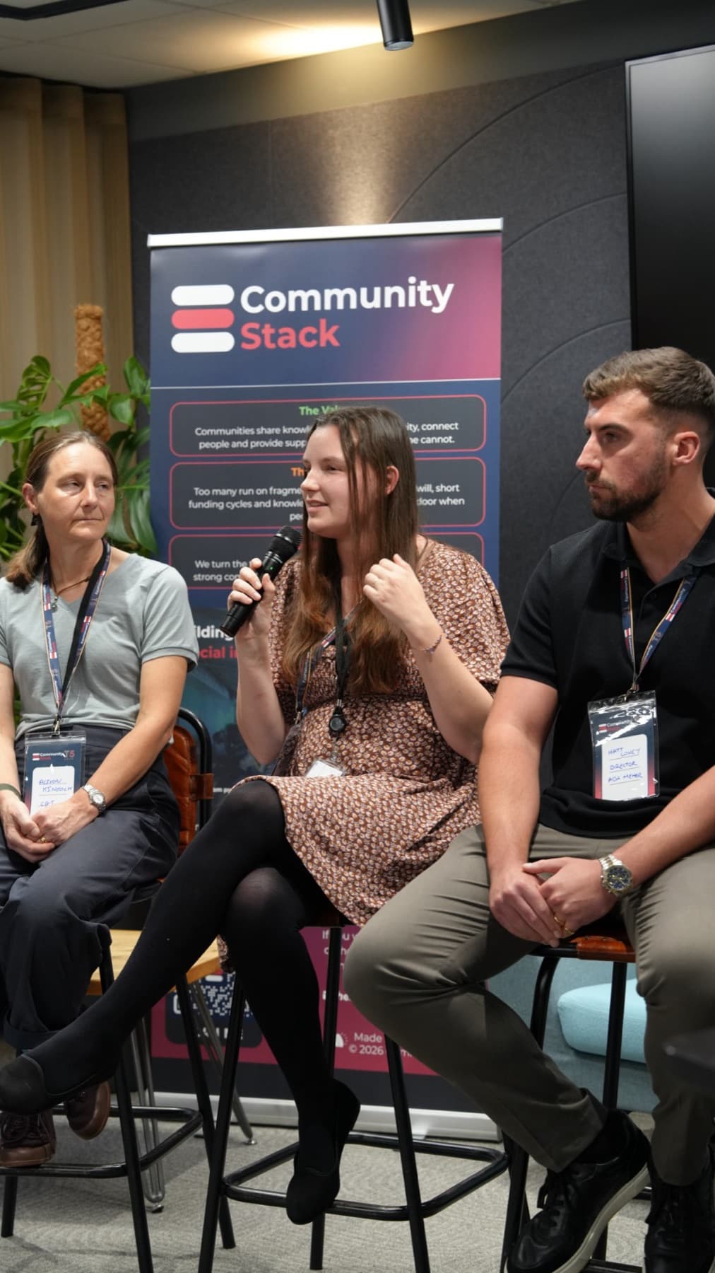 Jessica Parkinson speaking on the panel, beside Alison Kinloch and Matt Coney